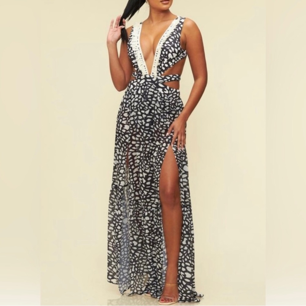 Cutout High Slit Black Ivory Spotted Fringe High Slit Maxi Dress
